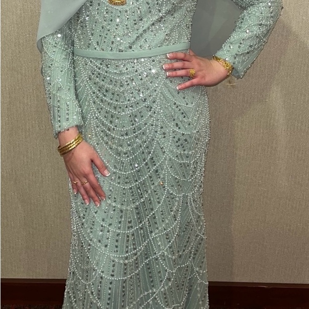 Serene Hill Elegant Mint Green Beaded Dress Modest Cape Dress